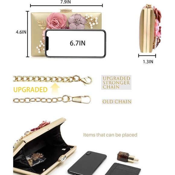 Women's Metal Leaves Flower Evening Bride Wedding Floral Clutch Bag - Picture 3 of 7